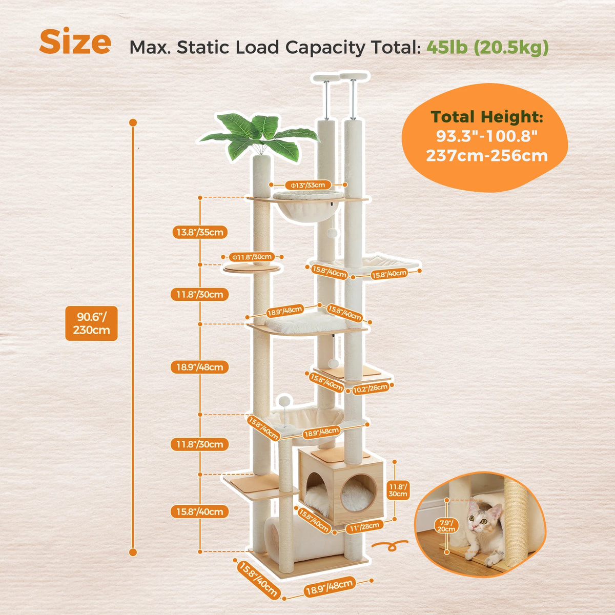 PAWZ Road Adjustable Wooden Cat Tree with Sisal Scratching Posts