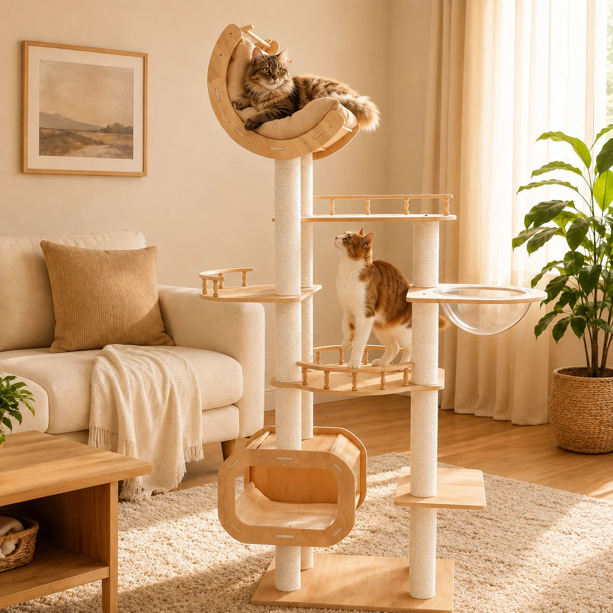 Sturdy Wooden Cat Tree with Condo, Bed and Sisal Posts
