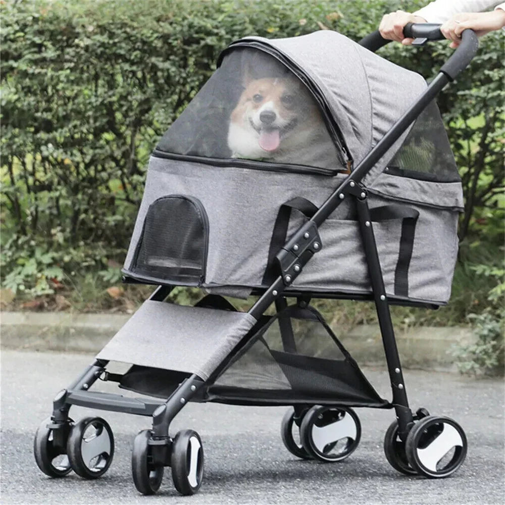 Foldable Pet Dog and Cat Travel Stroller With Storage Basket
