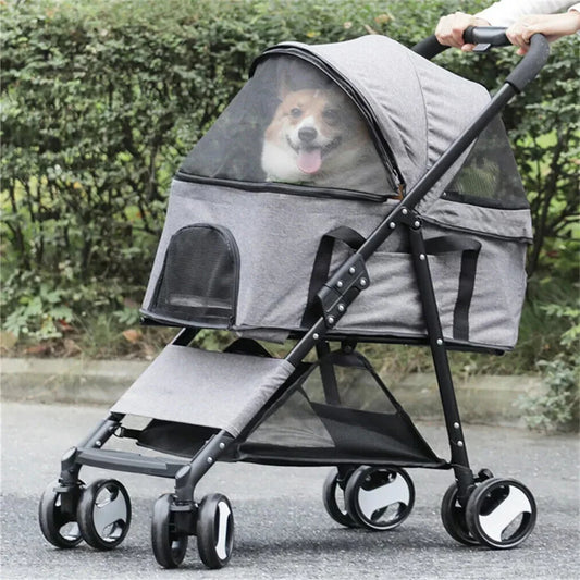 Foldable Pet Dog and Cat Travel Stroller With Storage Basket