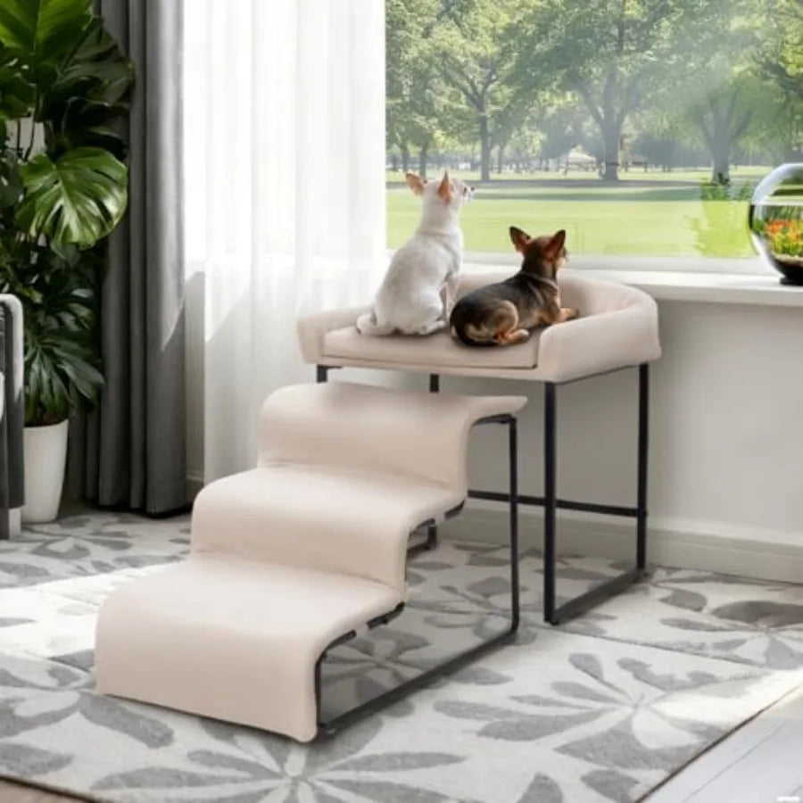 Comfortable Plush Dog Window Perch With Stairs For Pets