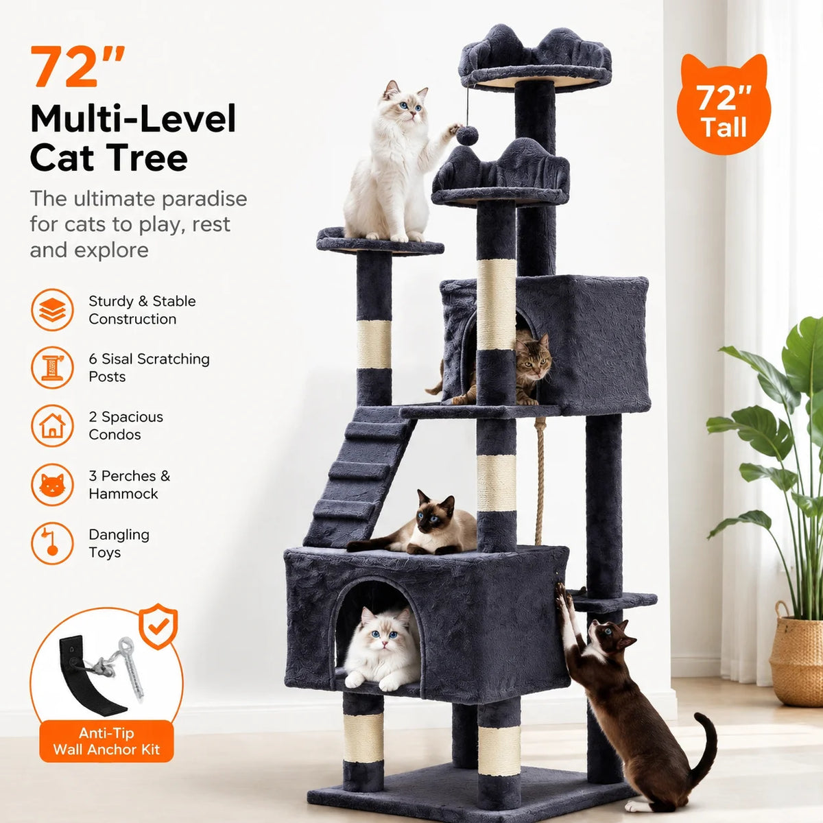 Multi Level Cat Tree With Sisal Scratching Posts And Hammock