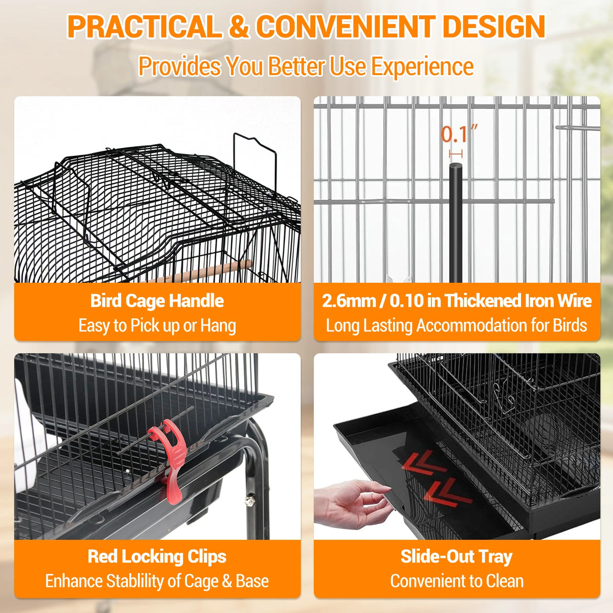 HiMISS Large Bird Cage With Rolling Stand And Storage Shelf