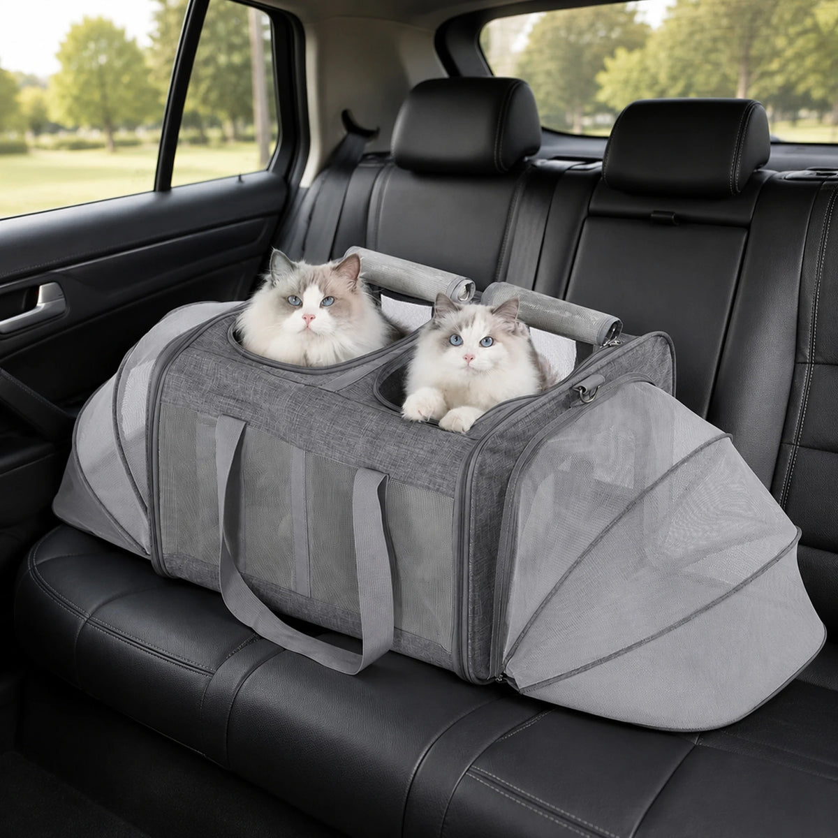 Expandable Double Pet Carrier for 2 Cats or Small Dogs - Soft-Sided Large Travel Bag with Dual Expandable Panels - Removable Divider, Collapsible Breathable Polyester - Grey
