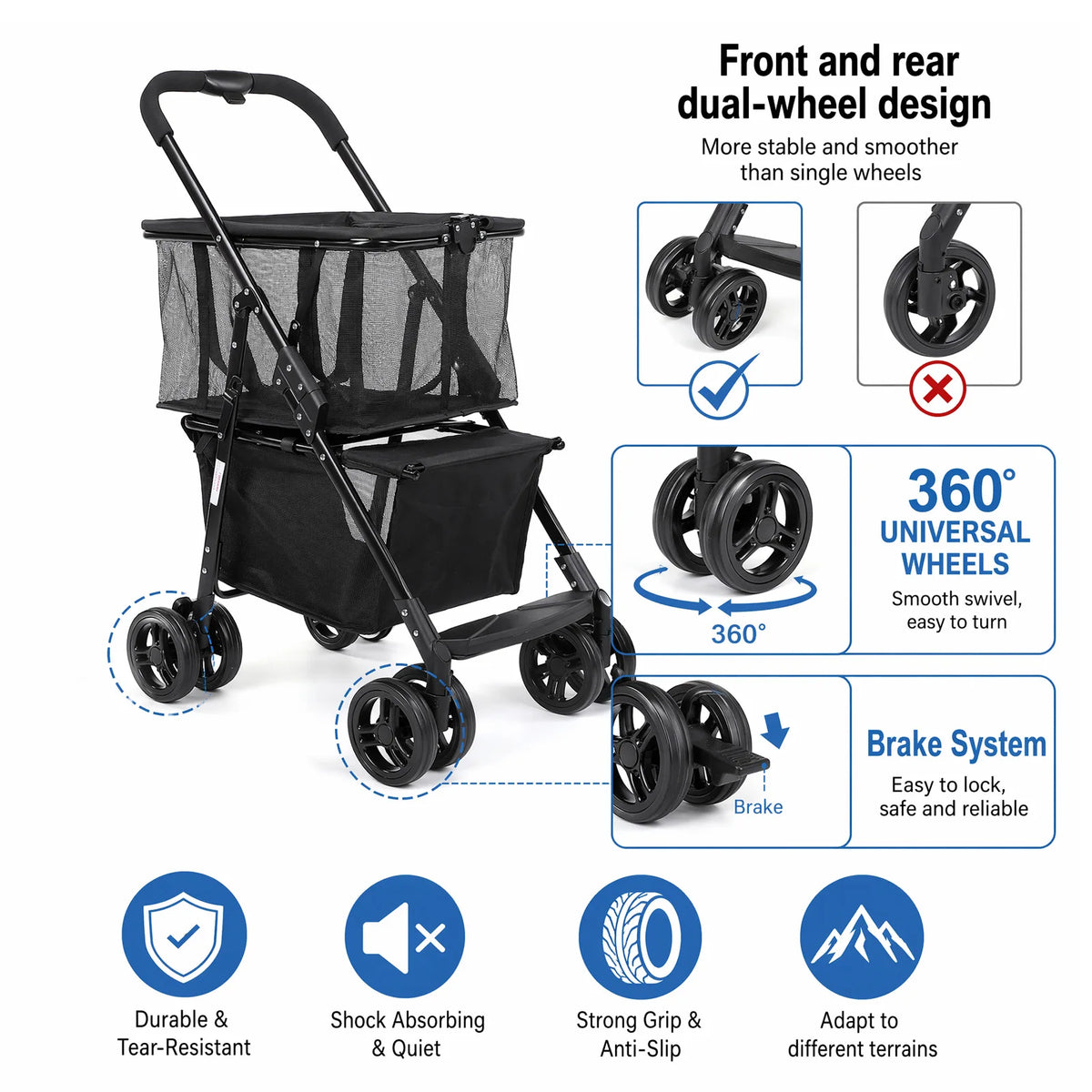Cat Dog Pet Stroller Folding Shopping Cart 110LBS Load Capacity Detachable Hand Basket 2-Layer 360° Swivel Wheels with Brakes