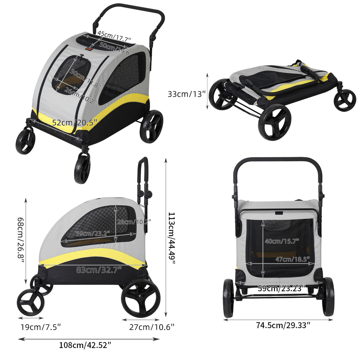 Multi Sized One-click Folding Dog Stroller 4 Wheels Dog Jogger Wagon Stroller Breathable and Visible Mesh for Small to Large Dogs Pet Jogging Carriage Stroller