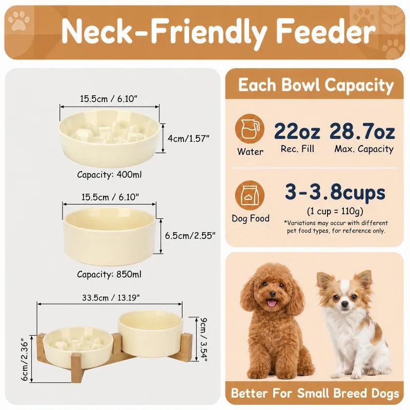Elevated Ceramic Dog Bowls with Wooden Stand for Small To Medium Sized Dogs, Slow Feeder and Water Bowl Set, Dishwasher Safe, Non Slip Raised Pet Feeding Station, Cream White