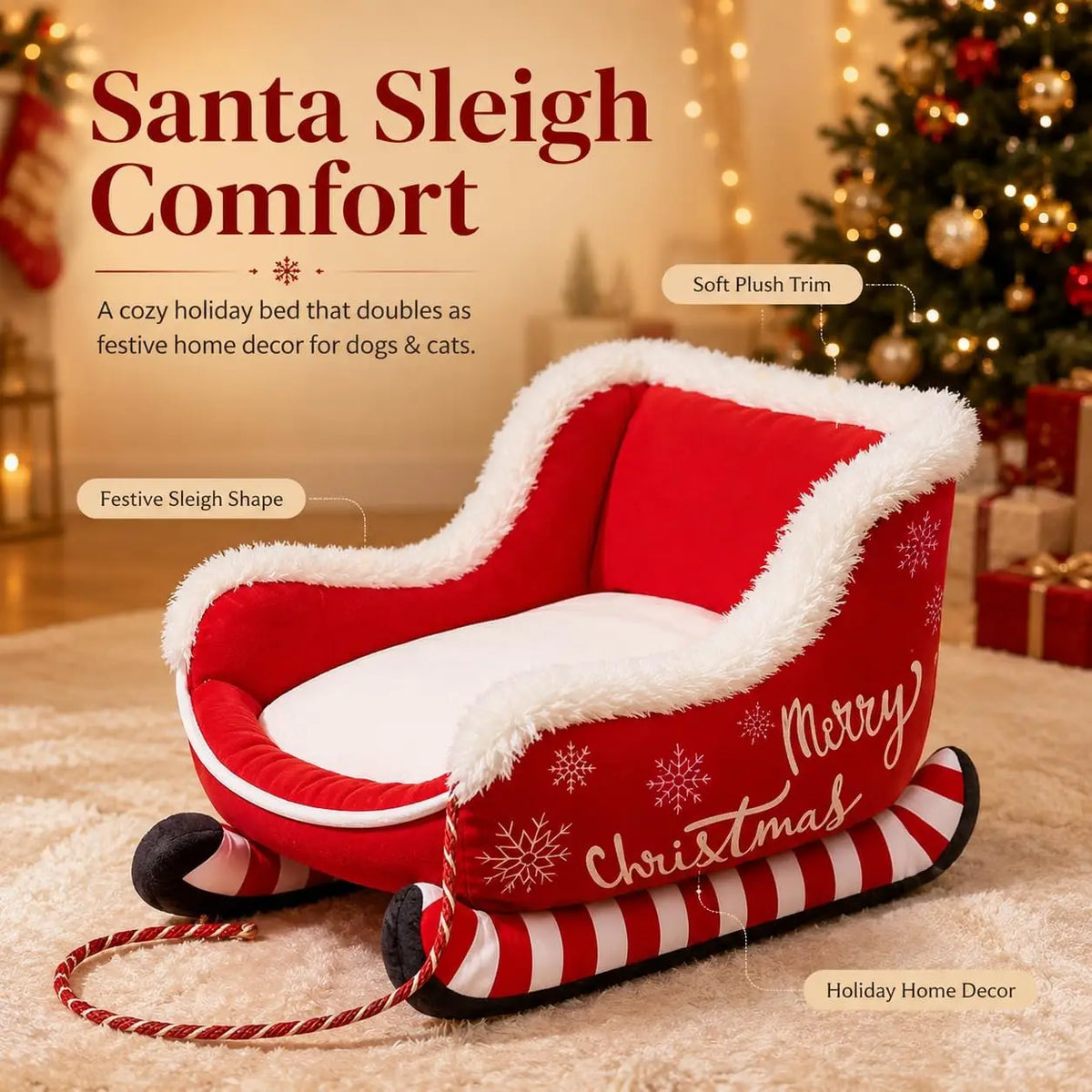 Christmas Dog Bed Sleigh, Santa Themed Calming Pet Sofa with Raised Sides, Soft Plush Winter Dog Sleigh Bed, Washable for Pets (Large)