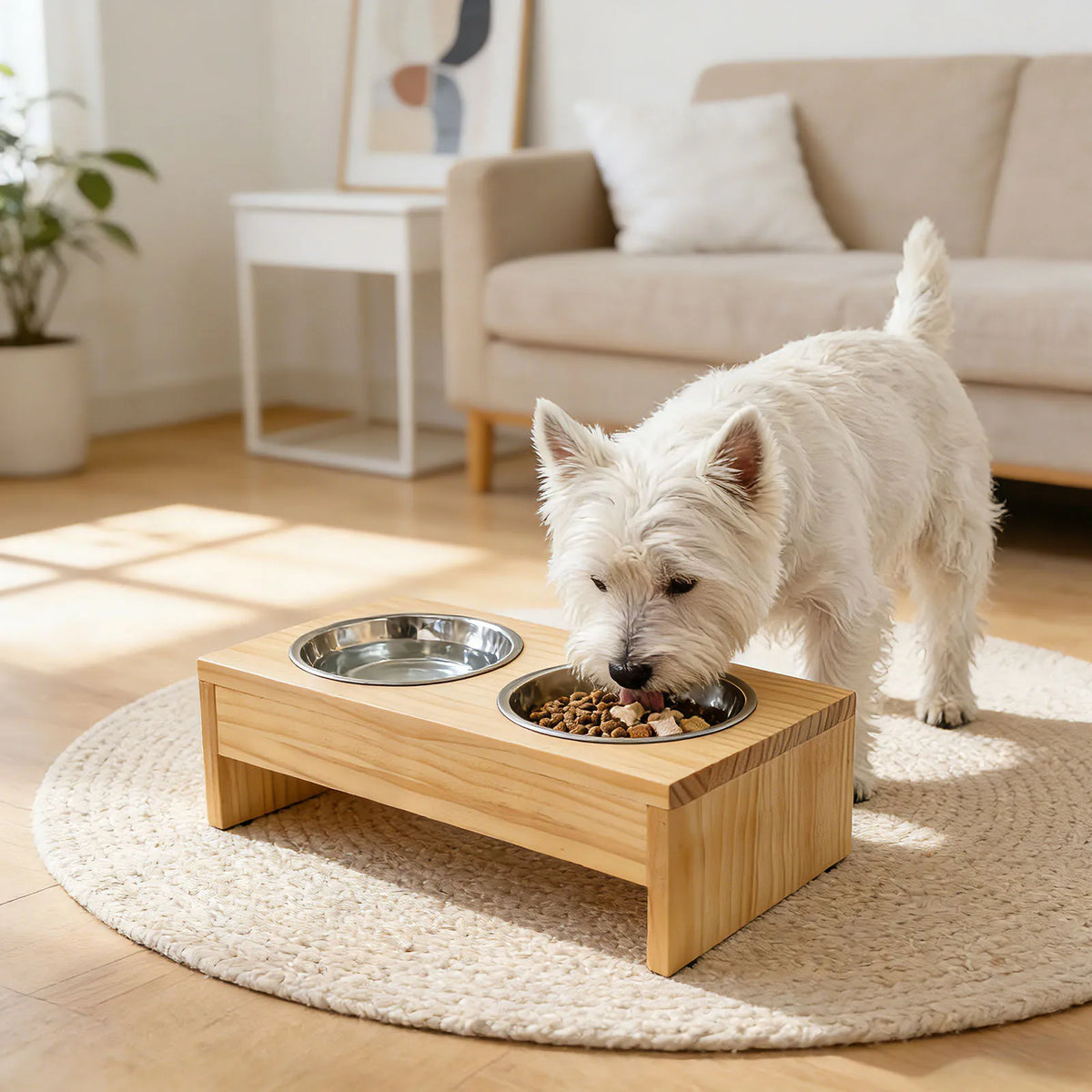 Wooden Elevated Dog Bowls With Stainless Steel Double Bowls