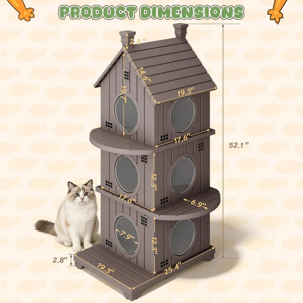 Outdoor Cat House Weatherproof, Durable Resin Cat Houses for Outdoor Indoor Cats, Litter Box Enclosure with Elevated Base, Anti-Slip Pad, Ventilation, Three-Story, Taupe Grey